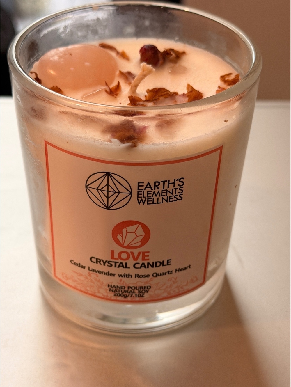 Crystal Love Candle with Rose Quartz for Warmth, Harmony and Connection